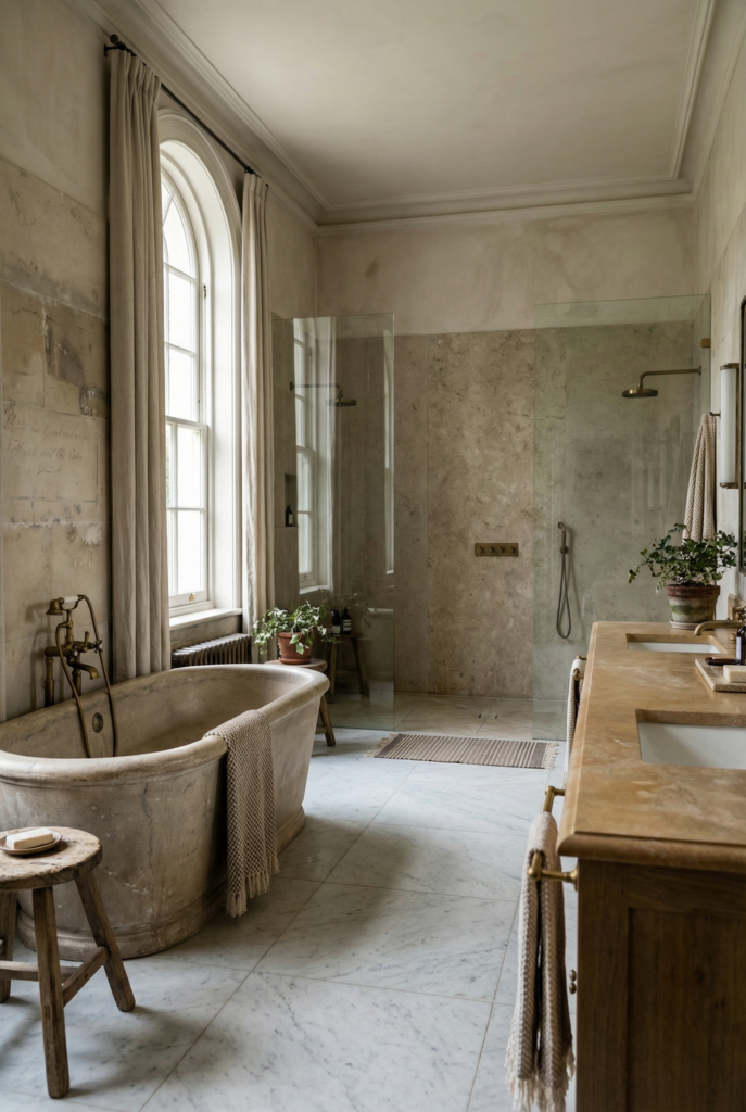 Natural stone bathroom tiles creating a spa-inspired luxury bathroom design