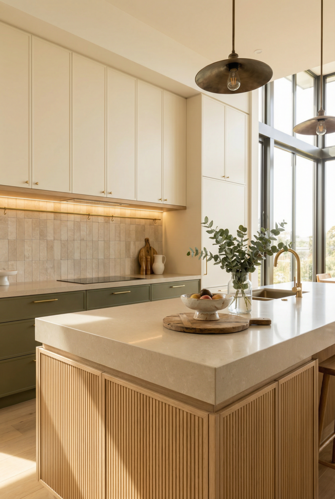 Neutral color foundations in modern kitchen decor with beige cabinets, stone countertops, and warm wood accents.
