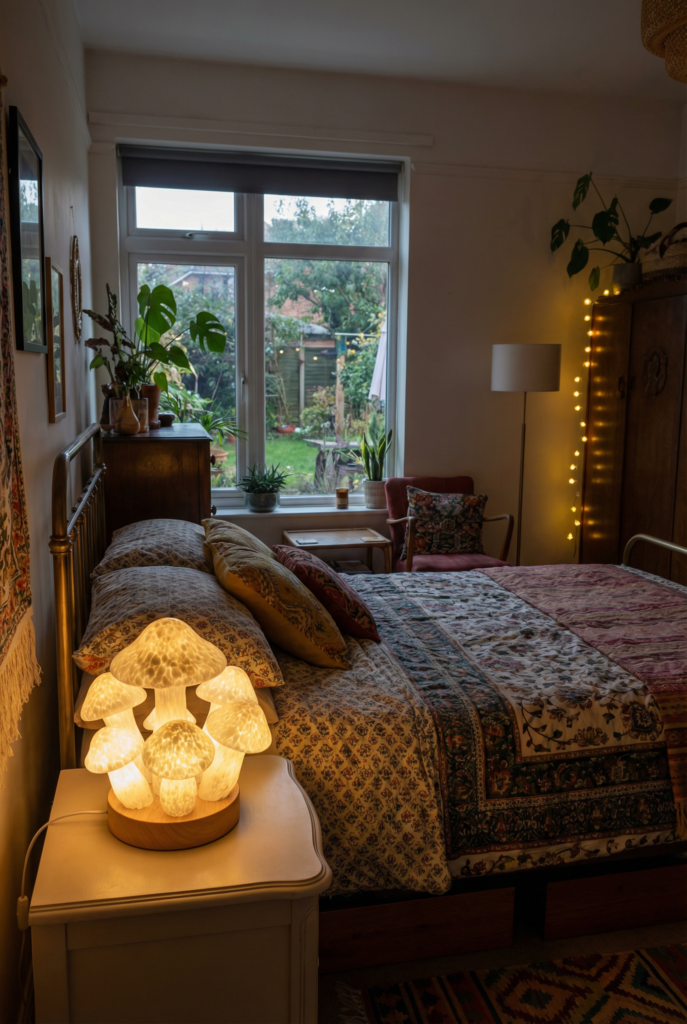 Eclectic bedroom idea with a sculptural mushroom lamp on a bedside table, adding personality and creative bedroom design without overwhelming the space.