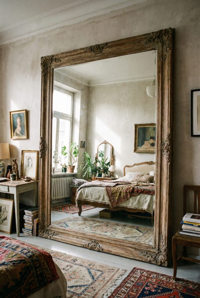 Eclectic bedroom decor with an oversized vintage floor mirror reflecting layered rugs and furniture, creating a cohesive bedroom design with depth and light.