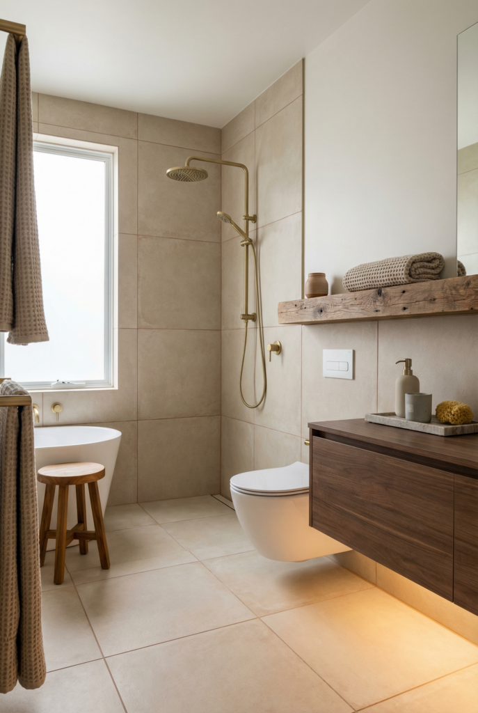 Organic modern bathroom featuring stone tile, warm wood vanity, brass fixtures, soft towels, and spa-inspired natural materials.