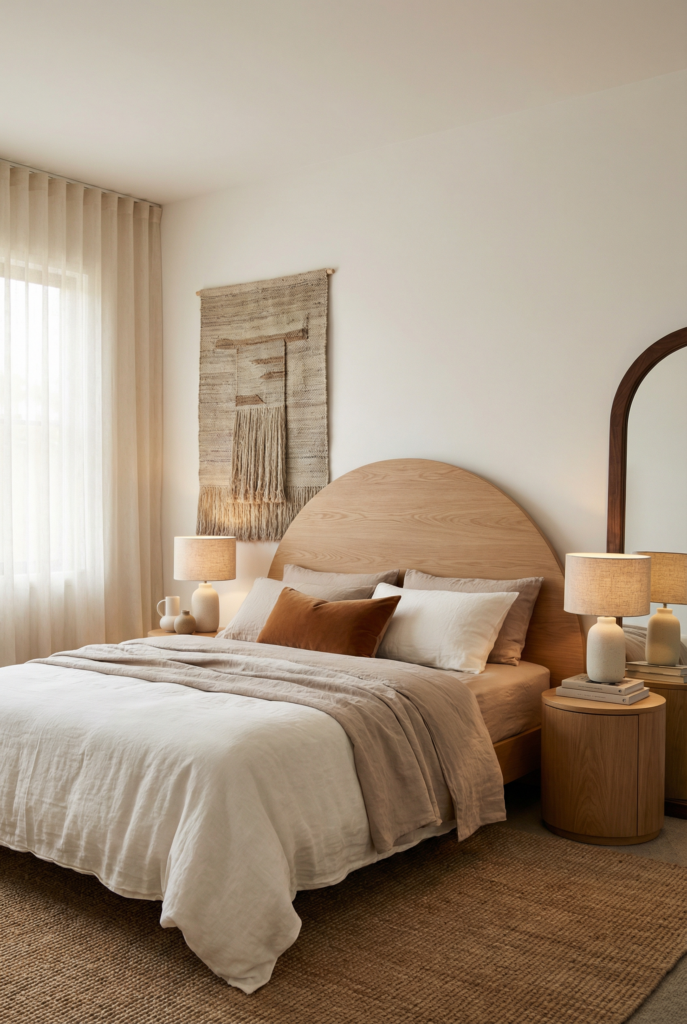 Organic modern bedroom decor with linen bedding, warm wood bed frame, soft neutral palette, and calming natural light.