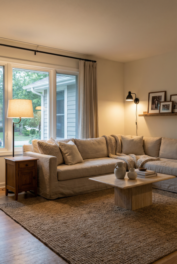 Organic modern living room decor with clean lines, natural wood furniture, stone coffee table, linen sofa, and warm neutral colors.