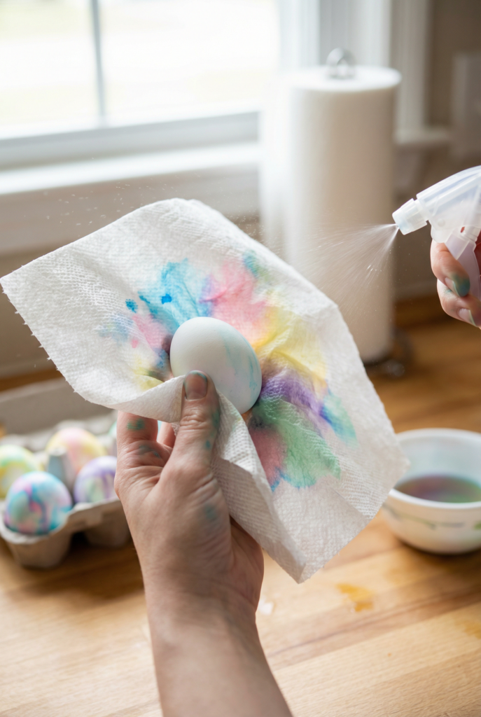 Paper towel dyeing Easter eggs with food coloring for vibrant Easter eggs and simple DIY Easter egg dye techniques.