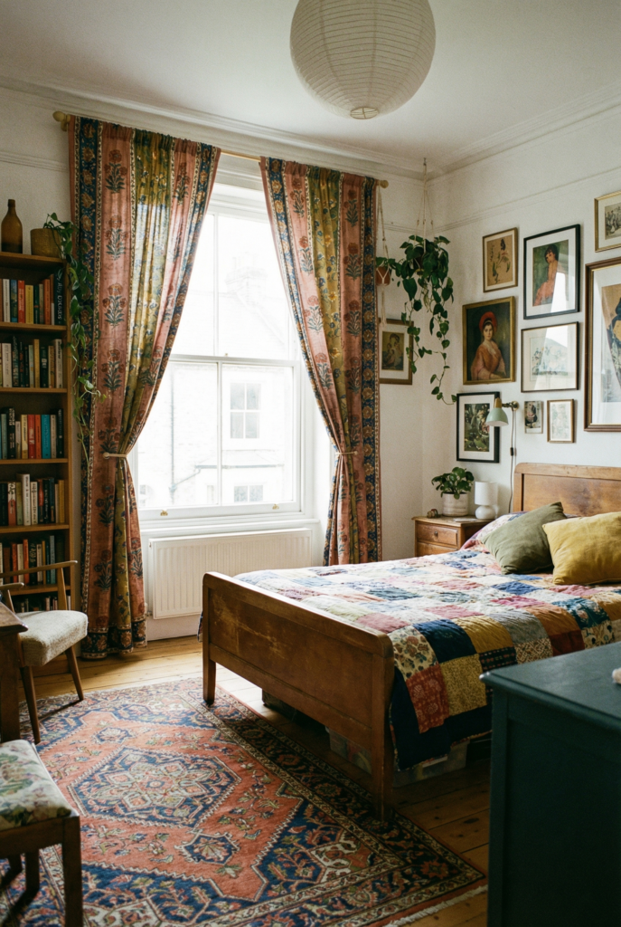 Eclectic bedroom decor with patterned curtains framing a window, showing how layered textiles help eclectic bedroom ideas feel balanced and intentional.