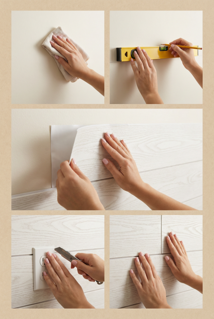 Applying peel-and-stick shiplap panels to create a farmhouse style accent wall with soft texture and clean lines.