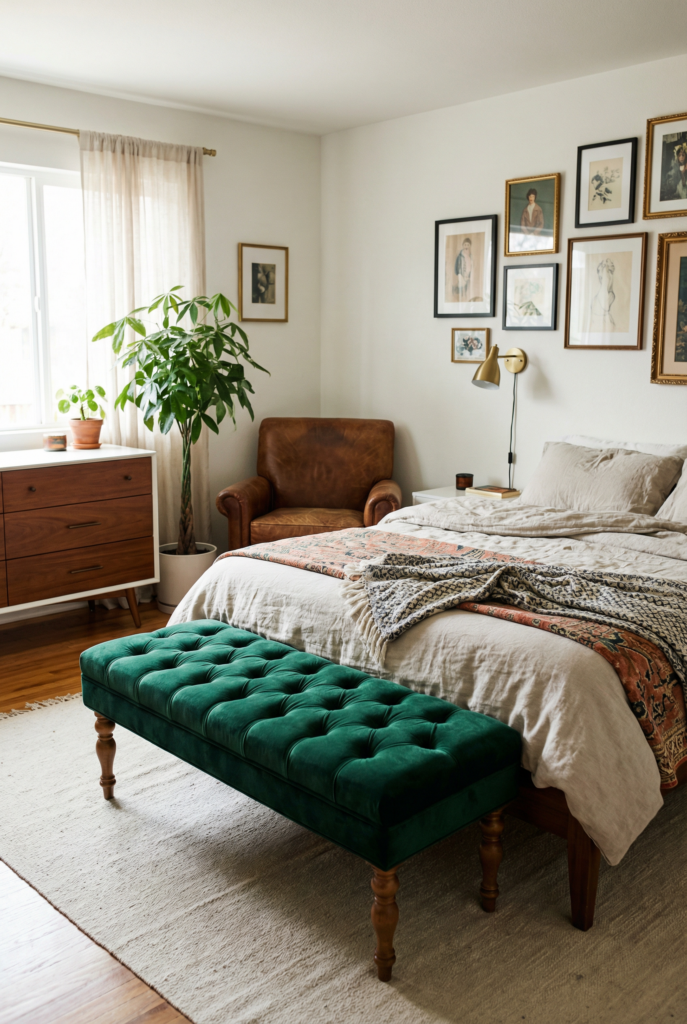 Eclectic bedroom decor featuring a plush velvet bench at the foot of the bed, adding texture, color, and a mature bedroom accent.