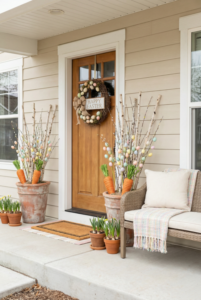 Porch and patio easter outdoor decorations with coordinated planters, wreaths, and spring accents framing the entry.