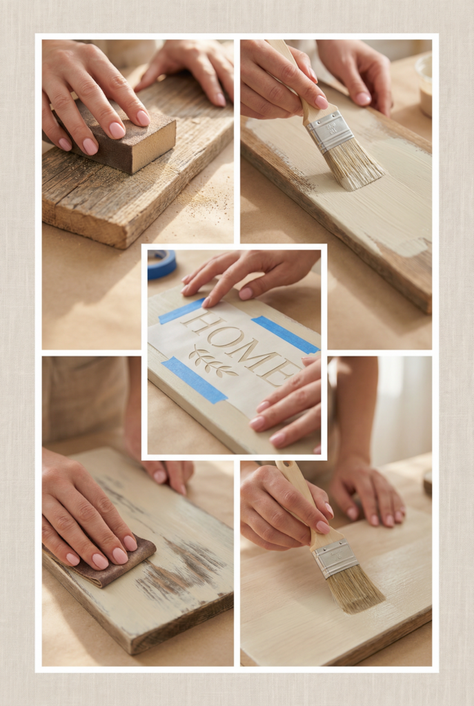 Handmade reclaimed wood decor sign with painted lettering and light distressing for simple country style decor accents.