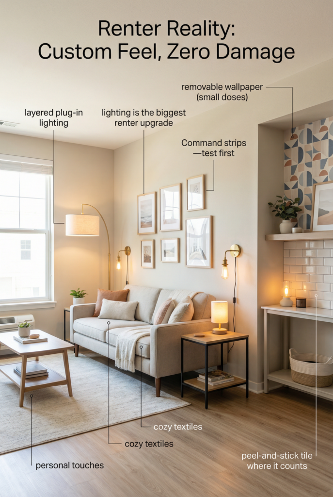 Renter-friendly apartment decor with plug-in lighting, removable wallpaper, peel-and-stick tile, and stylish home accessories for a custom look without damage.
