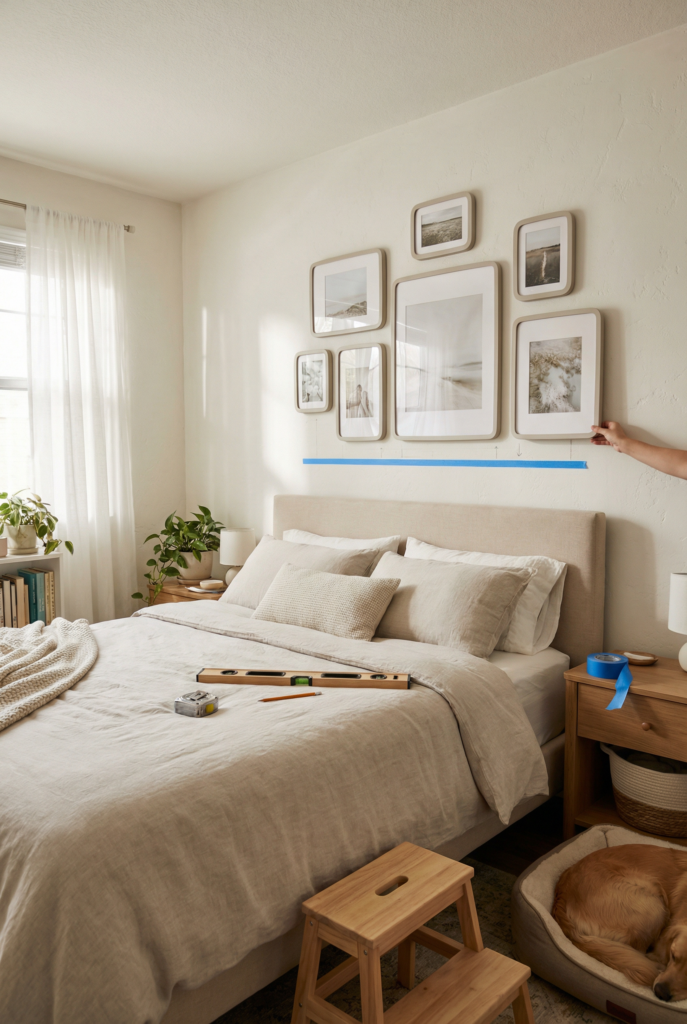 Hand placing a lightweight frame using painter’s tape guide above headboard, safe decorating above bed with secure spacing.