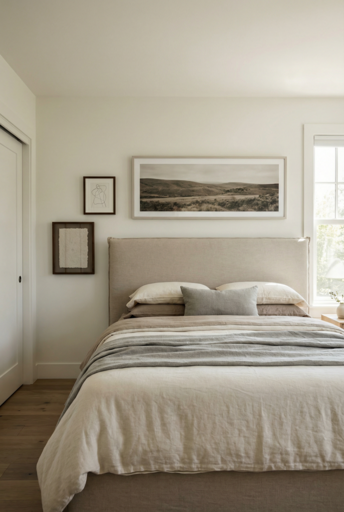 Minimal bedroom with panoramic wall art above upholstered headboard, simple modern bedroom decor in soft neutrals.