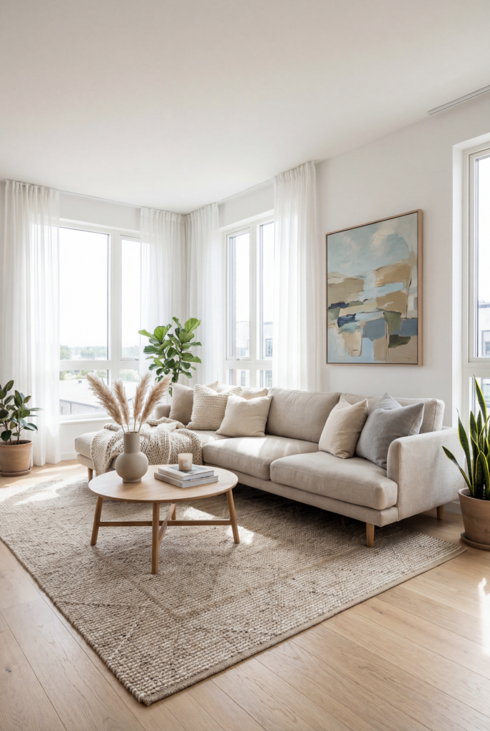 Scandinavian living room decor theme with a light neutral sofa, woven rug, indoor plants, and warm natural textures.