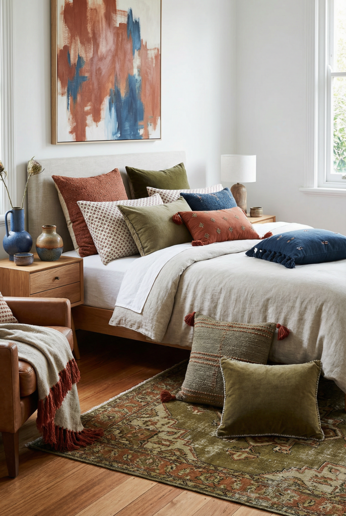 Eclectic bedroom with scatter cushions in layered colors and patterns, using pillows as color connectors in a cozy and welcoming bedroom.
