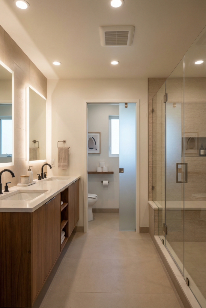 Master bathroom layout with double vanity configuration and private toilet room for added privacy and functional bathroom planning.