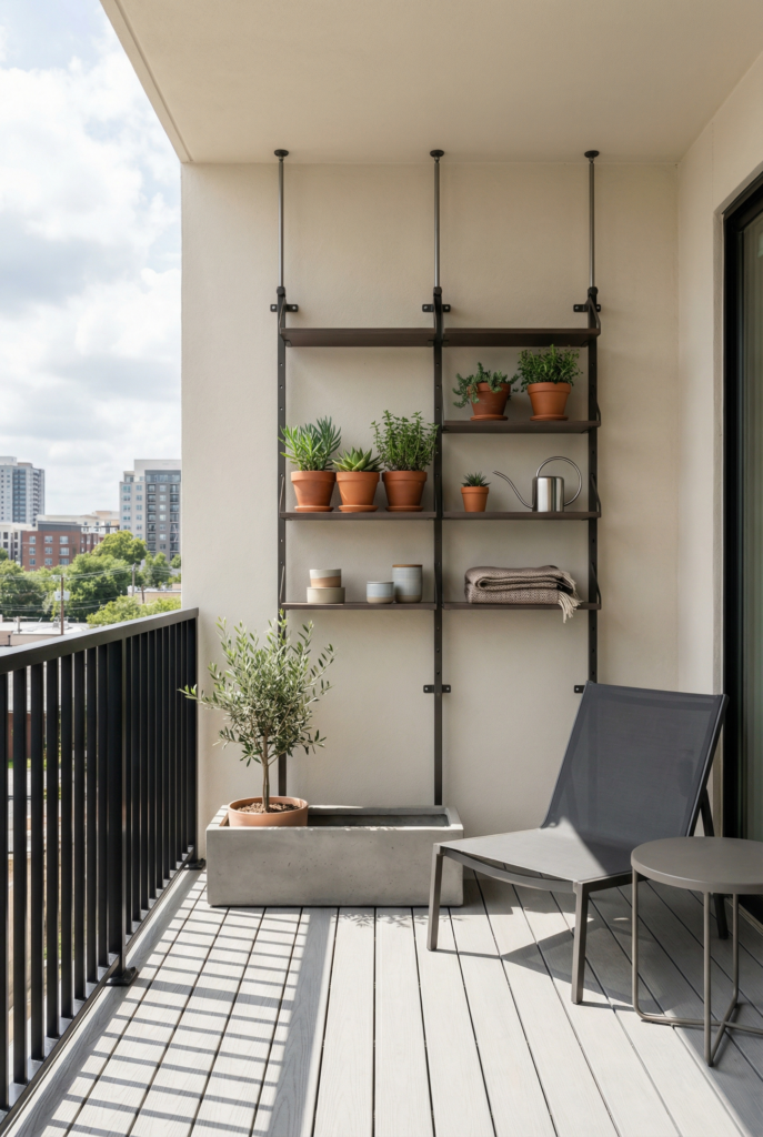 Shelves and vertical accents used as balcony wall decor with plants and space-saving outdoor storage