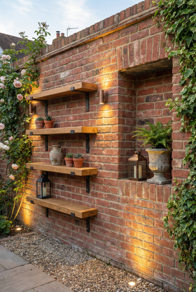 Recessed shelves and floating wood shelves mounted on brick wall decor with lanterns and plants for functional garden design