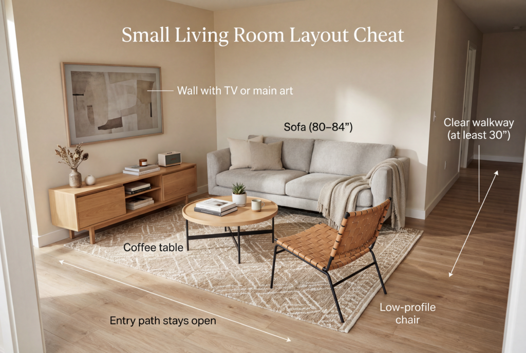 Small apartment living room layout showing sofa placement, rug sizing, clear walkways, and decor organization to improve flow in compact spaces.