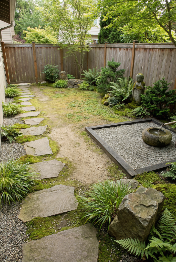 Japanese garden decor in a small backyard with stepping stone path, gravel Zen area, minimalist plants, and a compact meditation space.