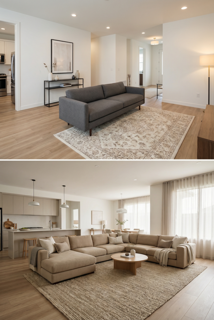 Modern living room decor ideas showing sofa layout vs living room sectional layout in an open-concept space.