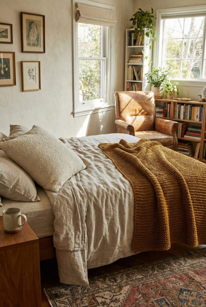 Eclectic bedroom decor with layered soft fabrics and tactile finishes on the bed, combining linen, quilts, and textured throws for a cozy bedroom look.