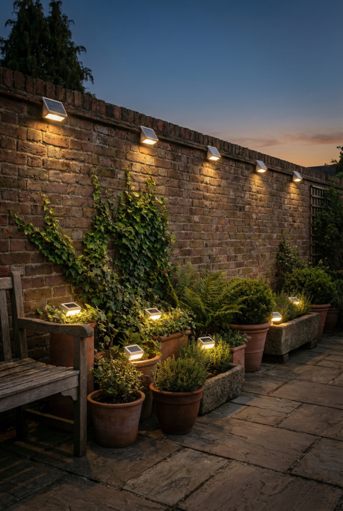 Solar outdoor lighting along a garden brick wall with potted greenery for cozy outdoor ambiance