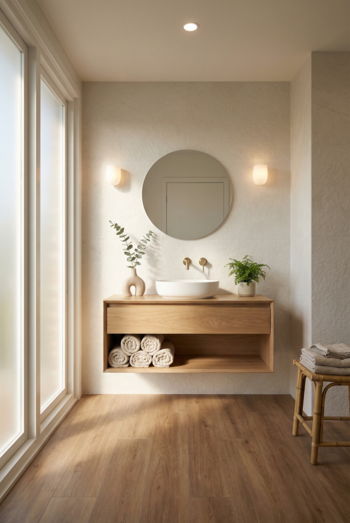 Spa-inspired bathroom with wood look tiles on the floor, textured porcelain wall tiles, and a calm, minimalist design palette.