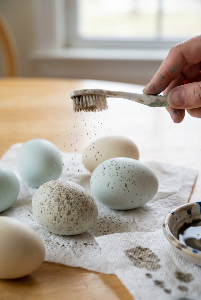 Creating speckled Easter eggs by flicking paint onto dyed eggs for an earthy, natural Easter egg decoration look.
