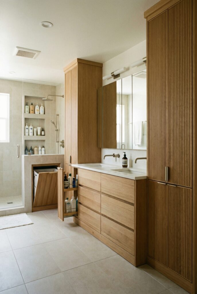Primary bathroom layout with built-in storage, open shelving, and concealed cabinets designed for bathroom space optimization.