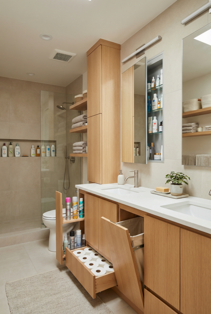 Storage-integrated master bathroom layout with tall cabinetry, pull-out drawers, and built-in organizers for functional bathroom space.