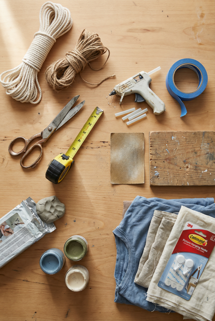 DIY boho decor supplies including rope, twine, clay, fabric, paint, and tools