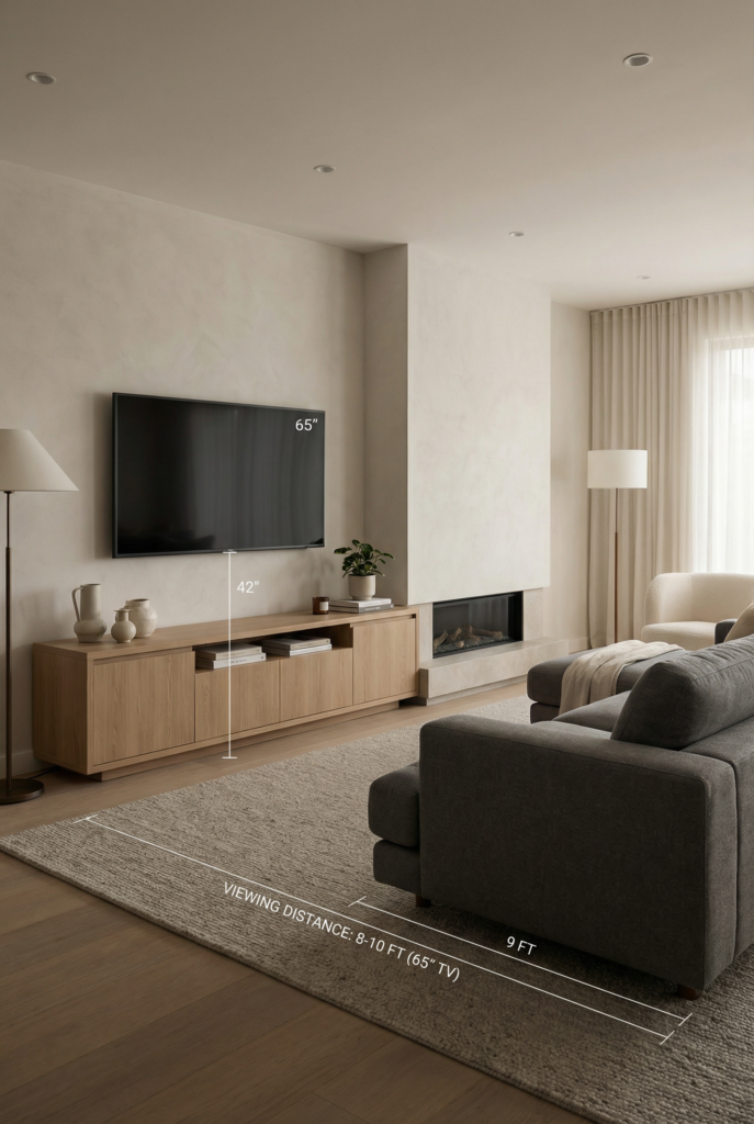 Modern living room design with TV mounting height and viewing distance guide for a 65-inch TV and streamlined living room furniture.