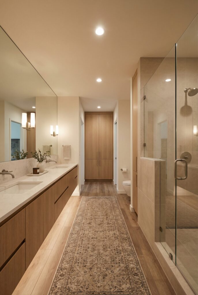 Hotel corridor style master bathroom layout with long double vanity on one side and walk-in shower and toilet aligned opposite.