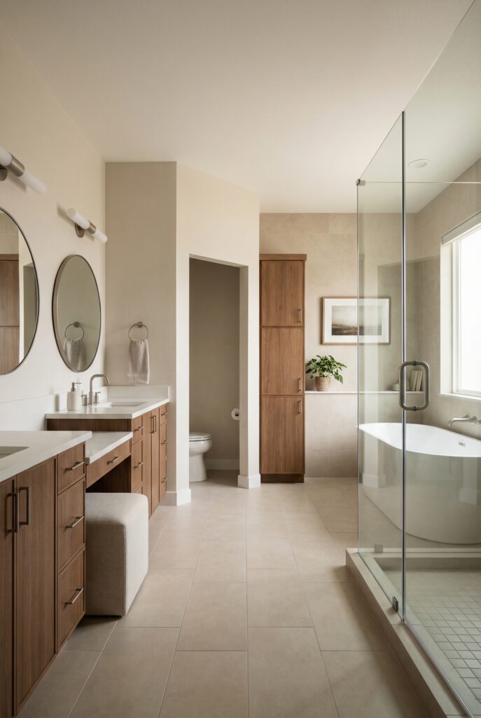 L-shaped primary bathroom layout with vanity along one wall and shower and tub placed around the corner for natural zoning.