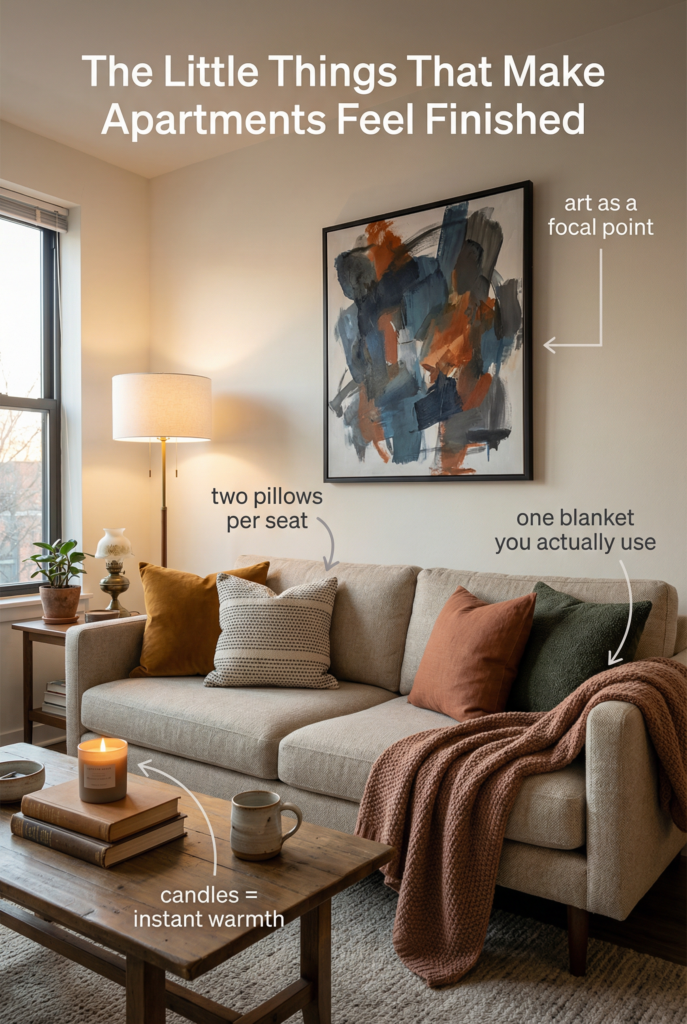 Artful home decor details including wall art, throw pillows, throw blankets, scented candles, and decorative accents that make an apartment feel finished.