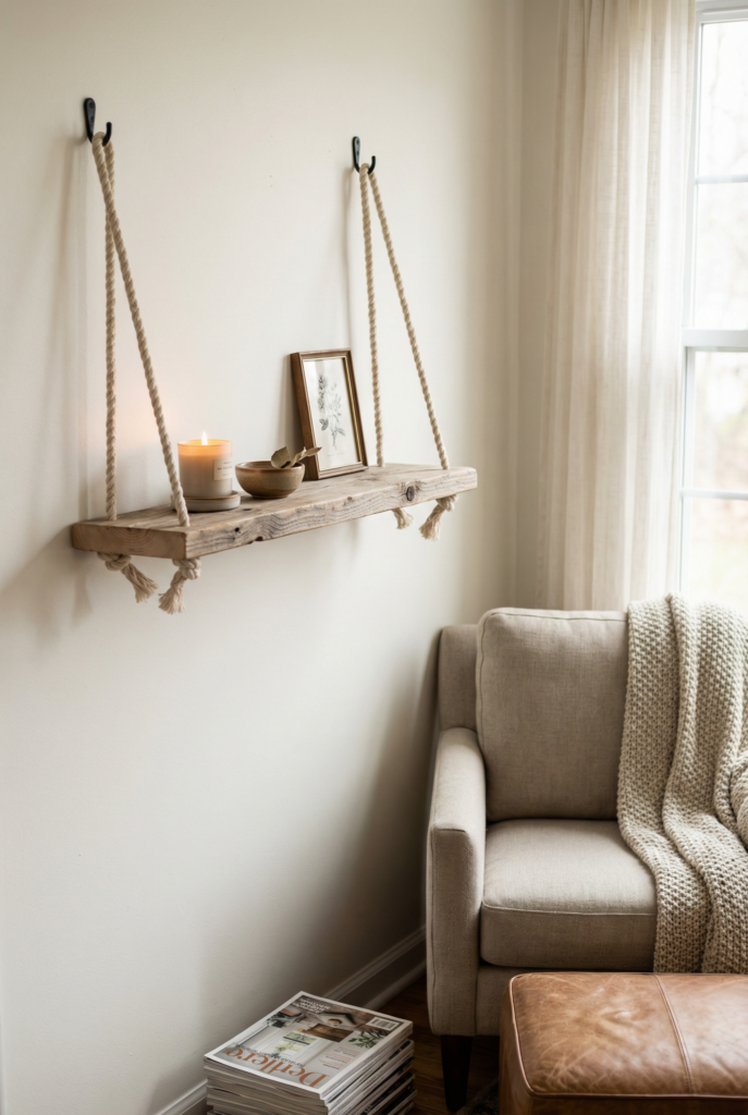DIY boho decor rope shelf with natural wood and minimal styling