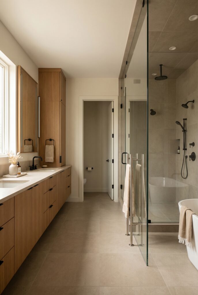 Split plan master bathroom layout separating dry vanity zone from wet shower and tub area for functional bathroom space.