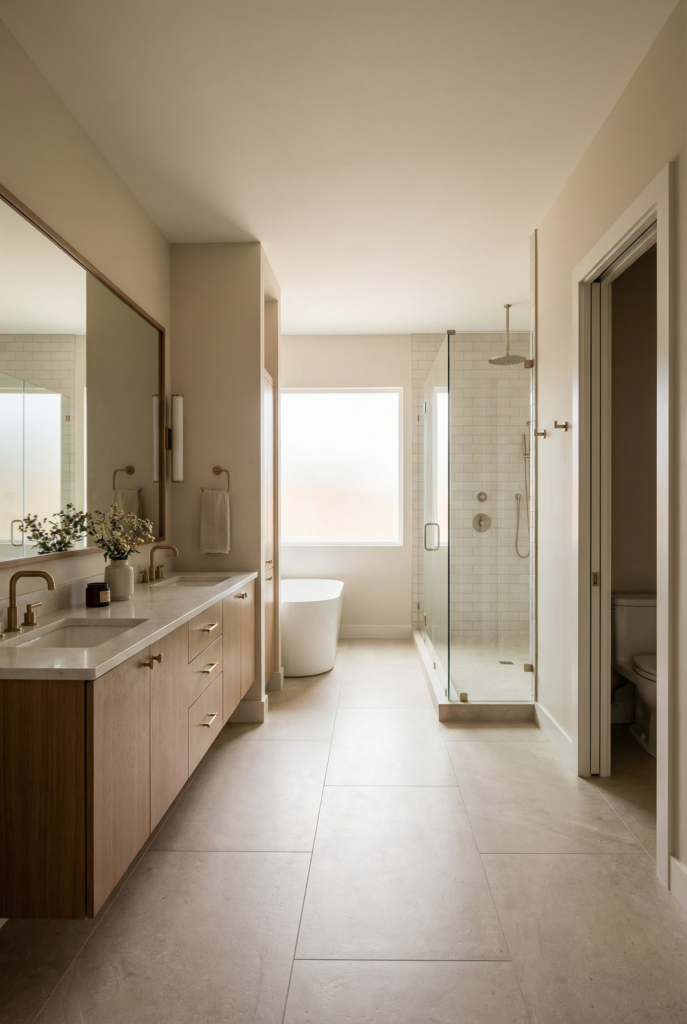 Master bathroom layout with double vanity, walk-in shower, freestanding tub, and clear circulation path for daily use.