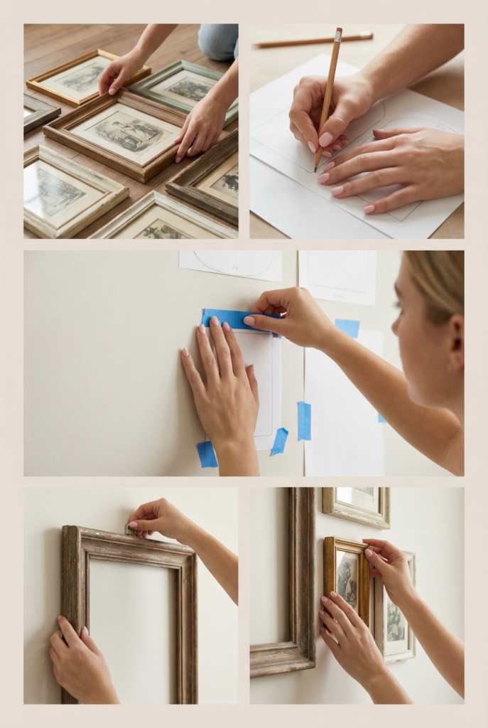 Creating a thrifted frame gallery wall with vintage artwork and neutral frames for classic farmhouse wall art and a collected look.