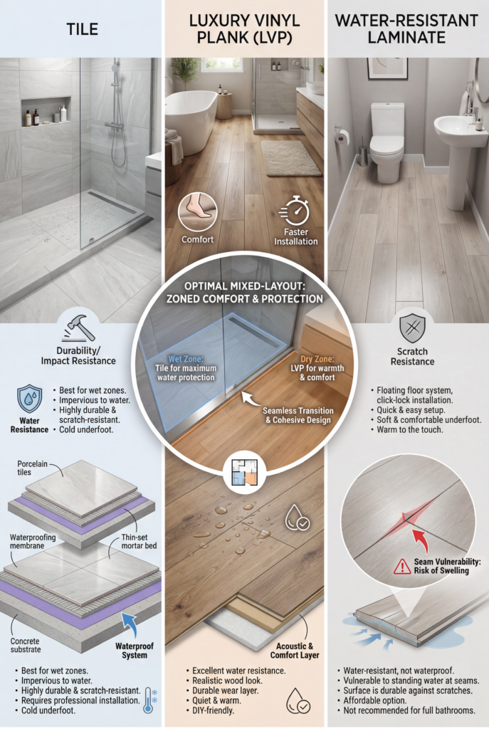 Comparison of bathroom flooring options including tile, luxury vinyl plank, and water resistant laminate in wet and dry zones.