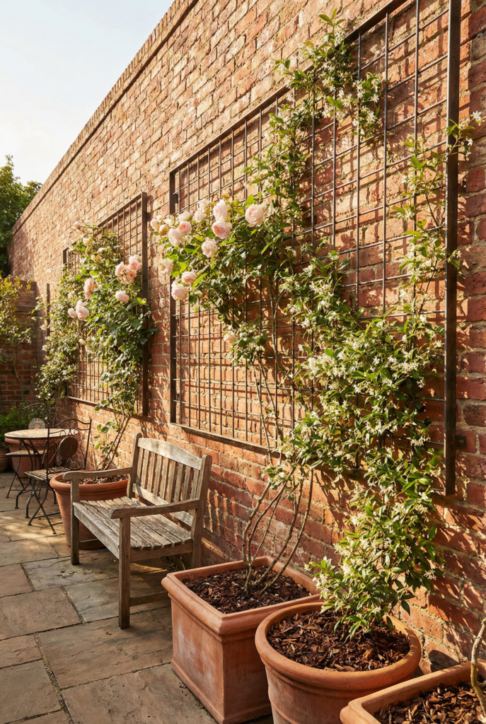 Trellis with climbing roses and jasmine on a garden brick wall showing mixing materials and brick wall decor