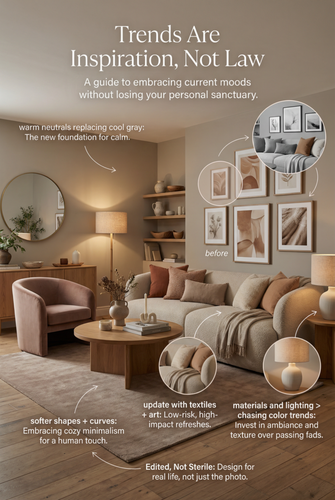 Contemporary home decor trends with warm neutrals, soft curves, layered textiles, and cozy home touches that feel inviting rather than trendy.