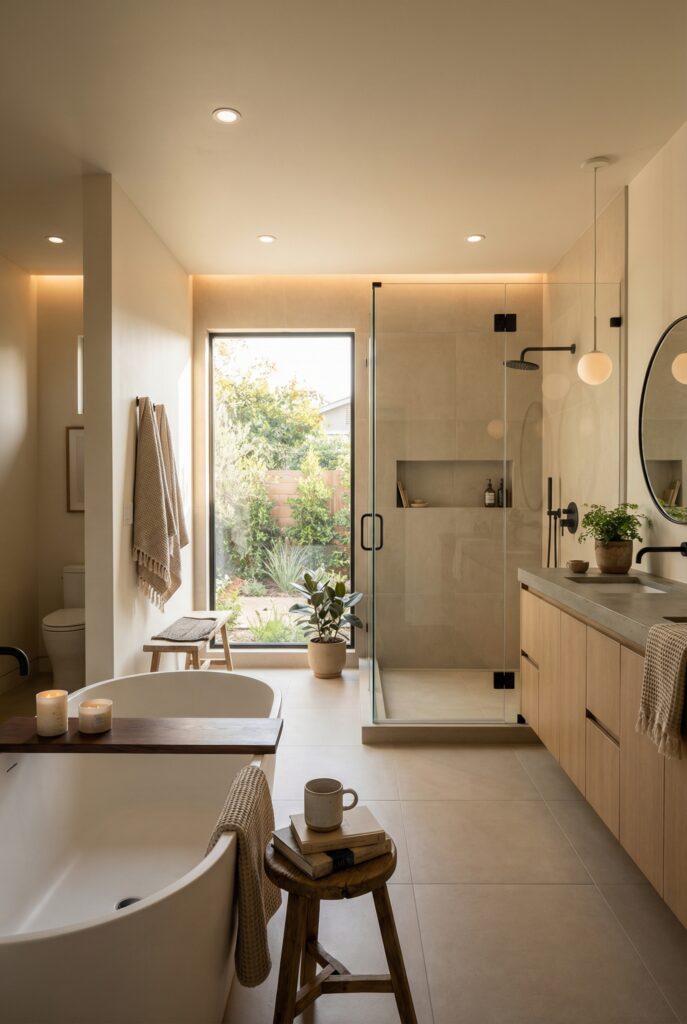 Tub-centered master bathroom layout with freestanding soaking tub, glass shower enclosure, and minimalist bathroom design.