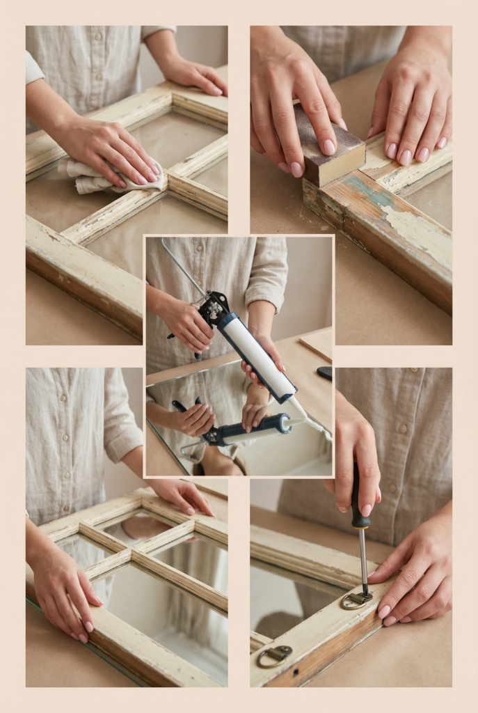 Step-by-step DIY vintage farmhouse window frame mirror using distressed wood, sanding, and hardware to add rustic charm to a living room wall.