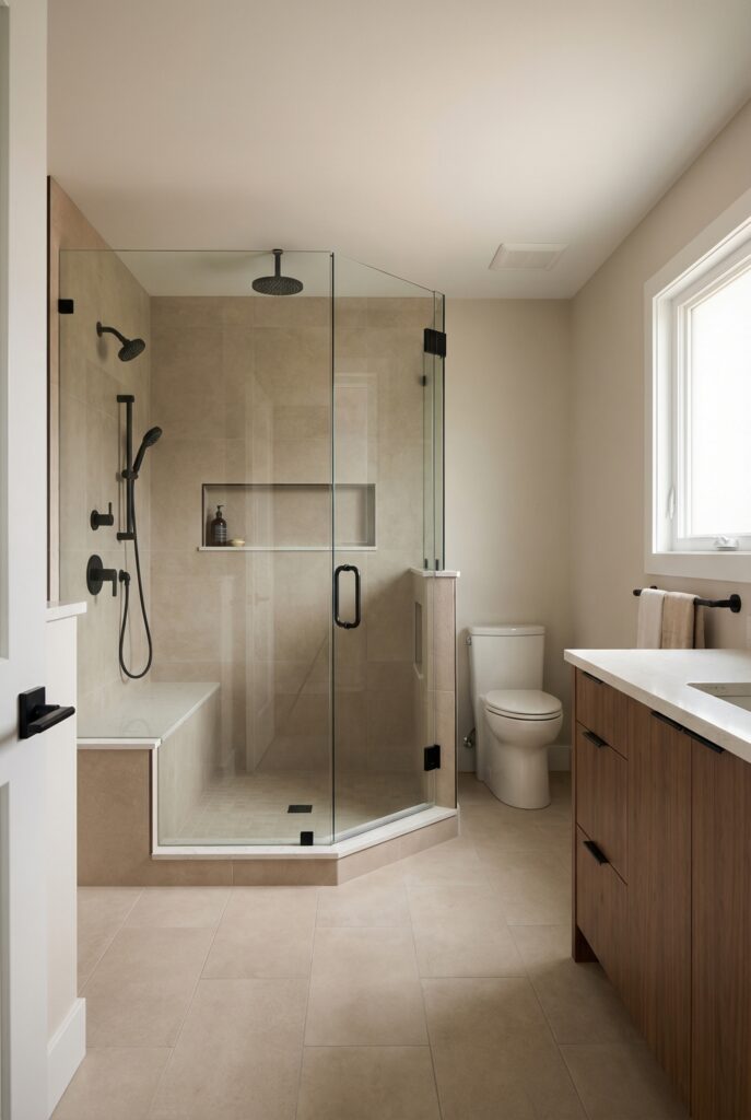 Walk-in shower priority master bath layout with frameless glass shower, bench seating, and modern bathroom design elements.