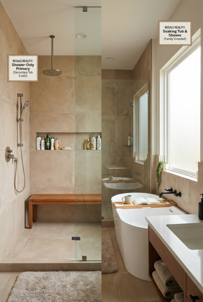 Master bathroom layout showing a walk-in shower on one side and a soaking tub on the other, illustrating shower-only versus tub-focused bathroom design choices.