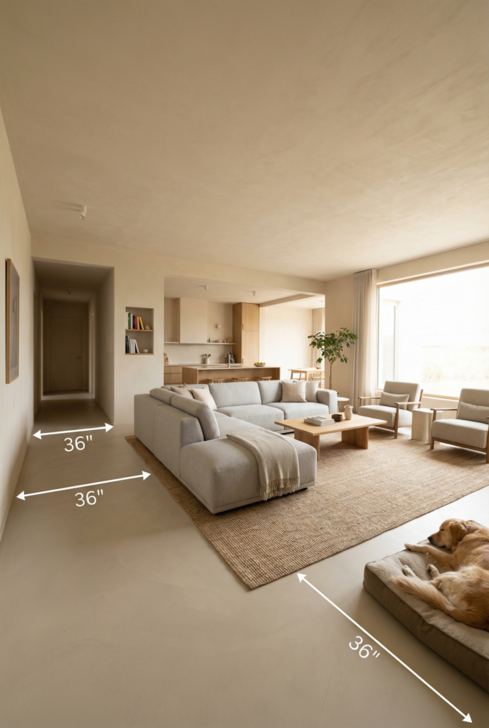 Functional living room layout showing 36-inch walking paths around a sectional for a clutter-free modern living room.