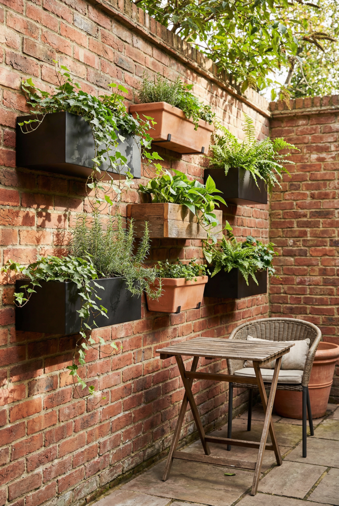 Wall-mounted planters on a brick wall with trailing ivy and herbs for garden wall ideas in a small patio