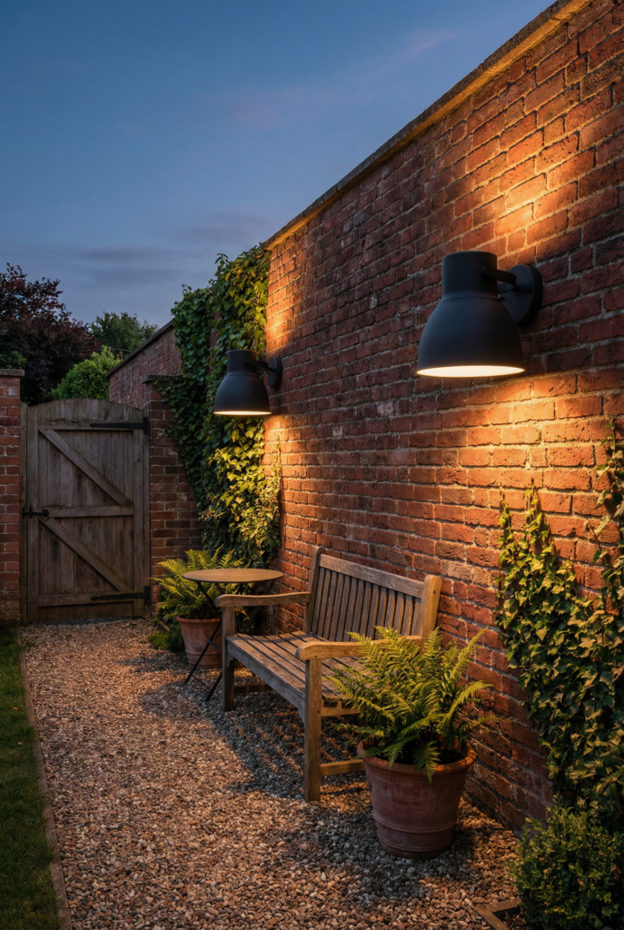 Matte black wall sconces on a garden brick wall above a bench and vines for a simple focal point design