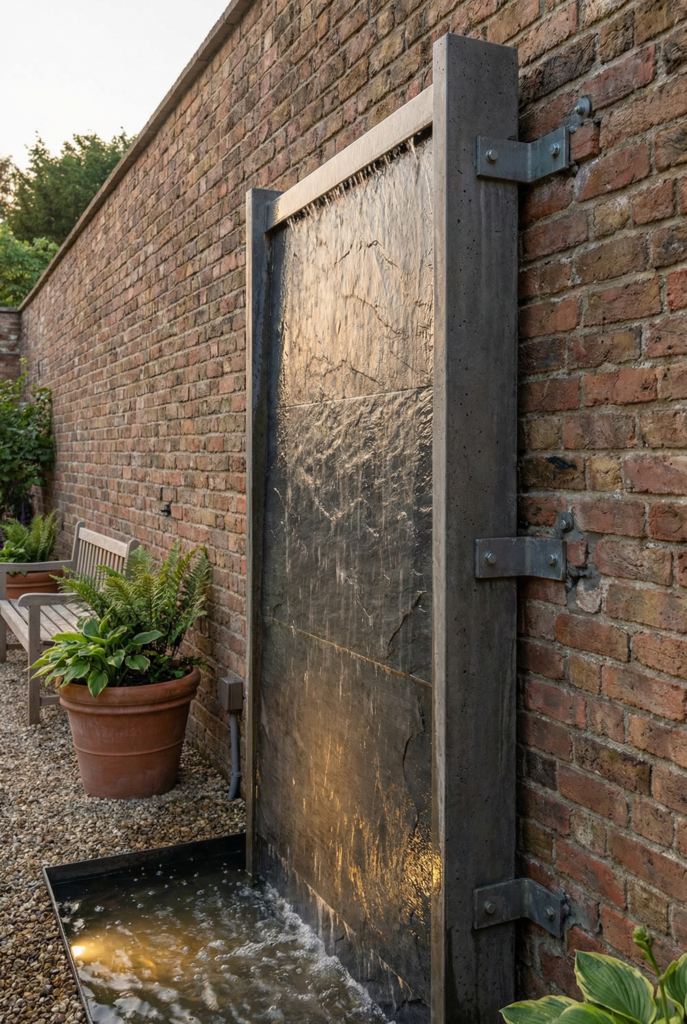 Modern wall water features on a brick garden wall, adding movement and outdoor ambiance beside patio seating
